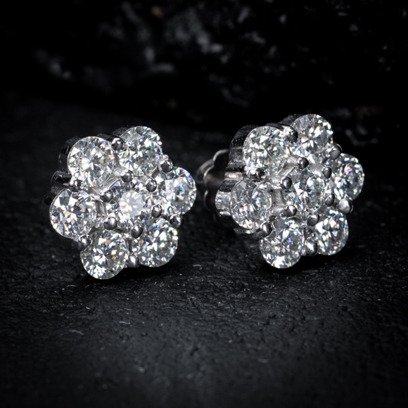 Large Stud Cluster Flower White Gold 925 Sterling Silver Cz Screw Back Earrings - Picture 3 of 5